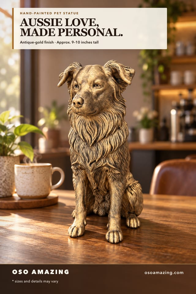 Antique-gold Australian Shepherd statue on a café table with the headline Aussie love, made personal.