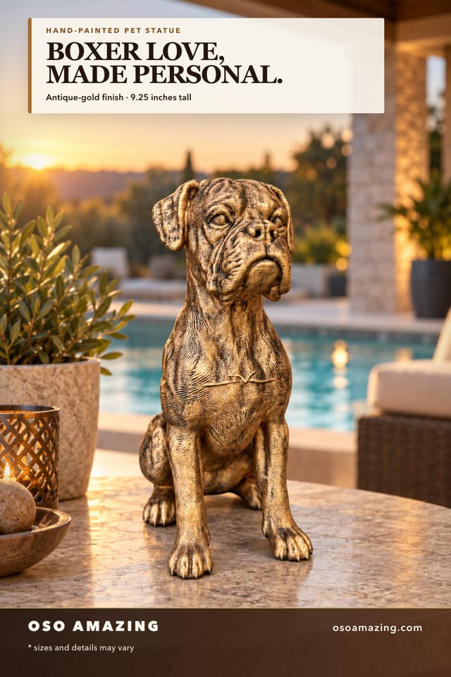 Antique-gold Boxer statue on a poolside patio with the headline Boxer love, made personal.
