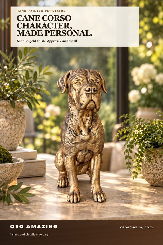 Antique-gold Cane Corso statue in a sunlit garden room with the headline Cane Corso character, made personal.