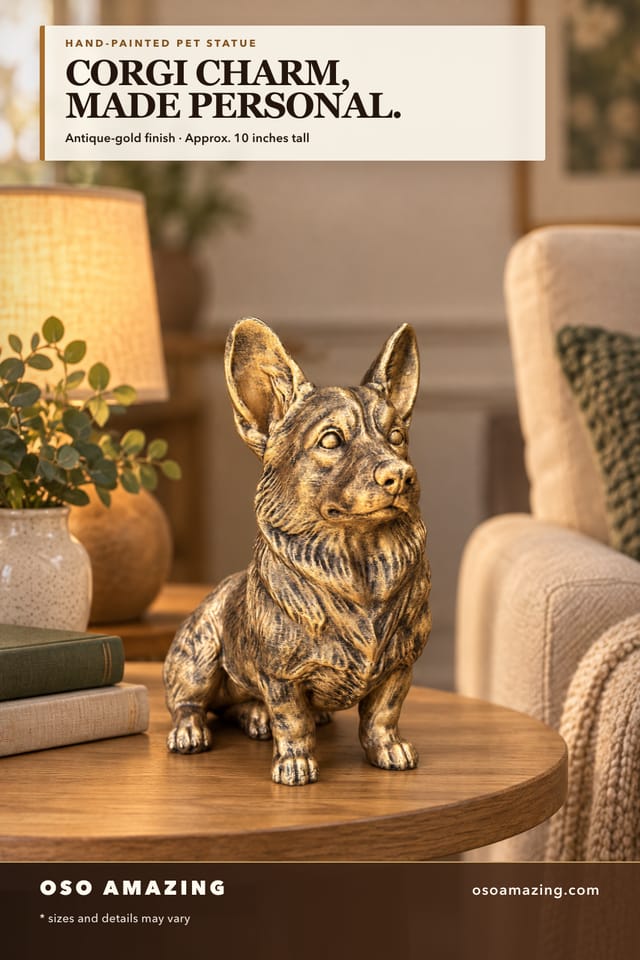 Antique-gold Corgi statue in a cozy reading nook with the headline Corgi charm, made personal.
