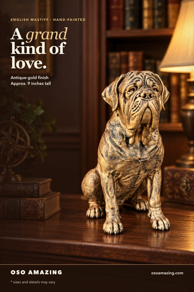 Antique-gold English Mastiff statue in a warm library with the headline A grand kind of love.