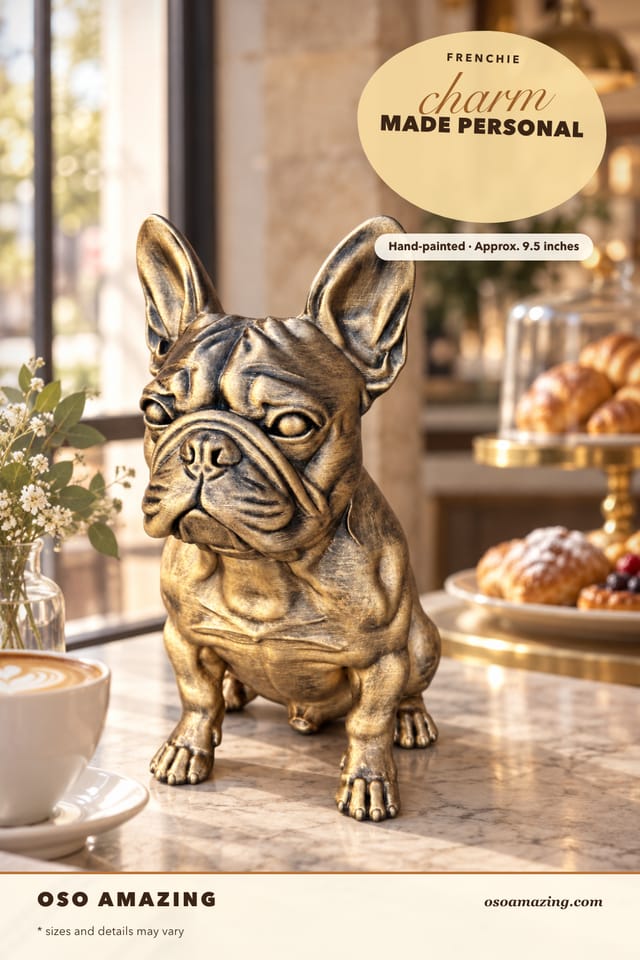 Antique-gold French Bulldog statue in a bakery café with the headline Frenchie charm, made personal.