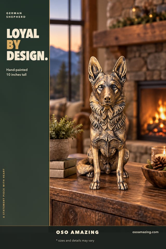 Antique-gold German Shepherd statue beside a warm fireplace with the headline Loyal by design.