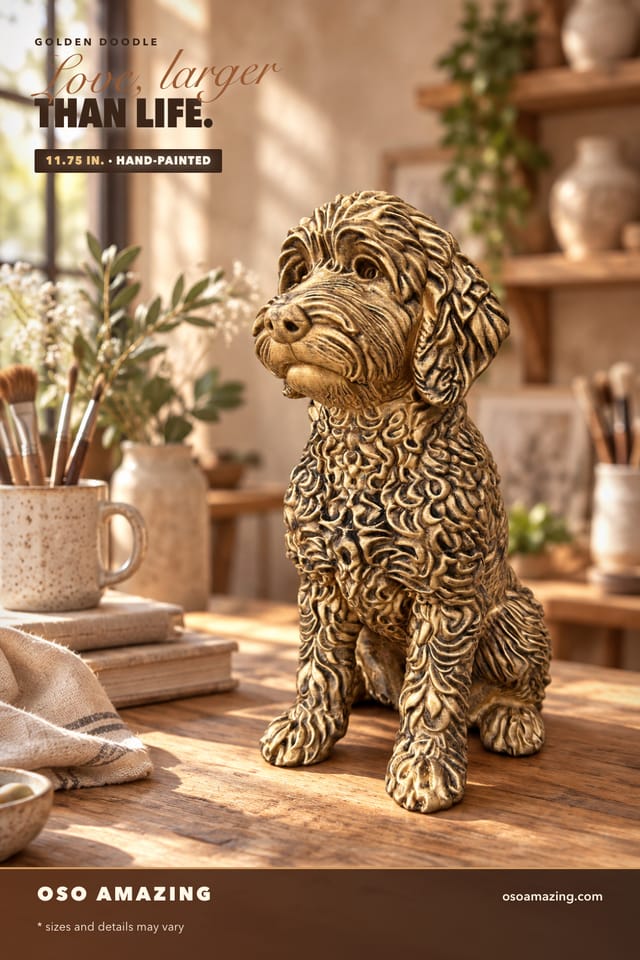 Large antique-gold Golden Doodle statue in an artisan studio with the headline Love, larger than life.