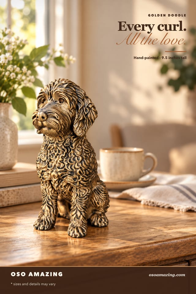 Antique-gold Golden Doodle statue in a warm café nook with the headline Every curl. All the love.