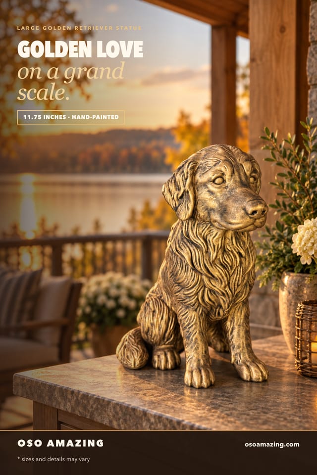 Large antique-gold Golden Retriever statue on a lakehouse porch with the headline Golden love on a grand scale.