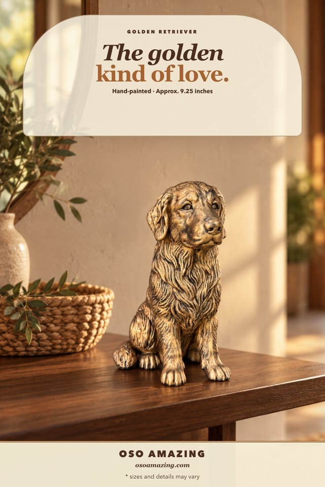 Antique-gold Golden Retriever statue in a warm entryway with the headline The golden kind of love.