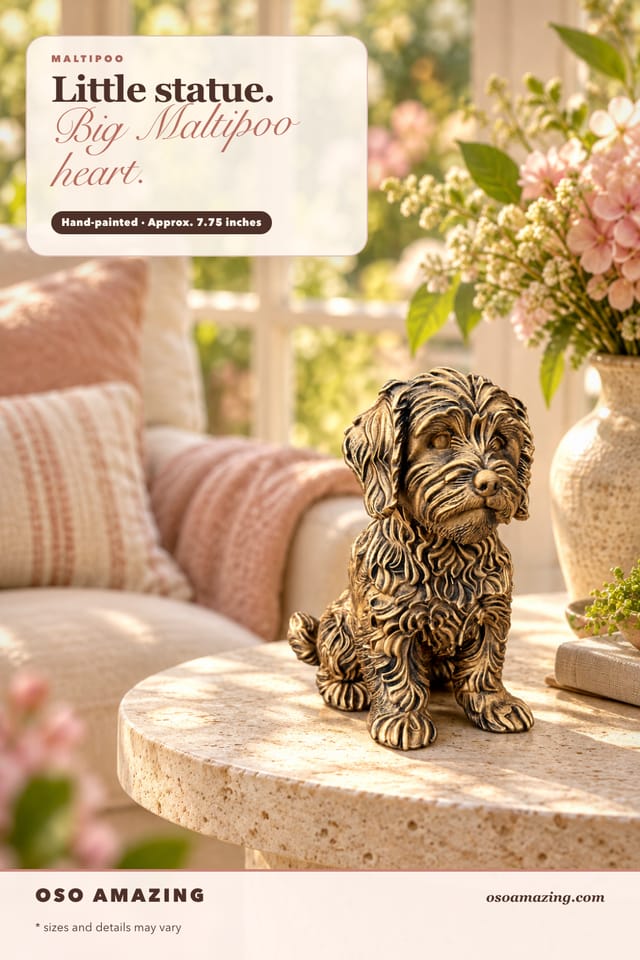 Antique-gold Maltipoo statue in a sunny cottage room with the headline Little statue. Big Maltipoo heart.